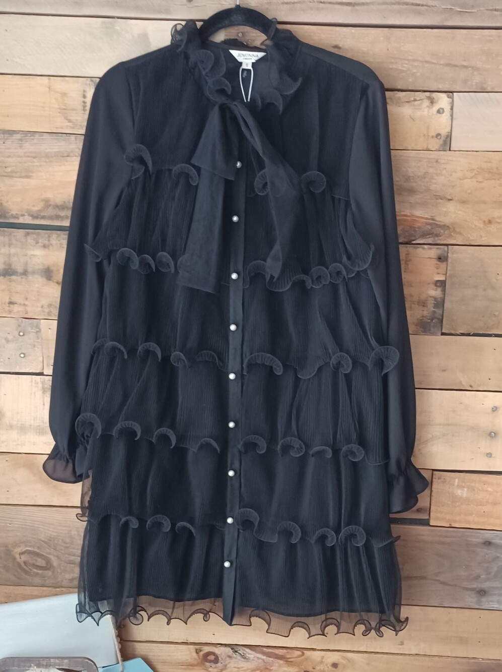 Romantic Black Ruffle Tie-Neck Long Sleeve Dress
